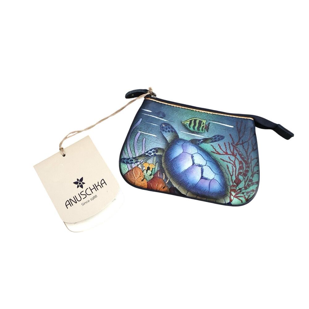 NWT Anuschka Sea Turtle Tropical Fish Hand Painted Leather Coin Purse OOAK
